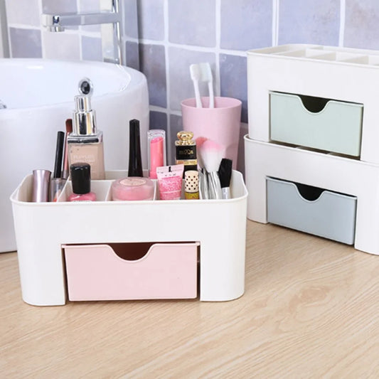 Makeup organizer with various items on a wooden surface