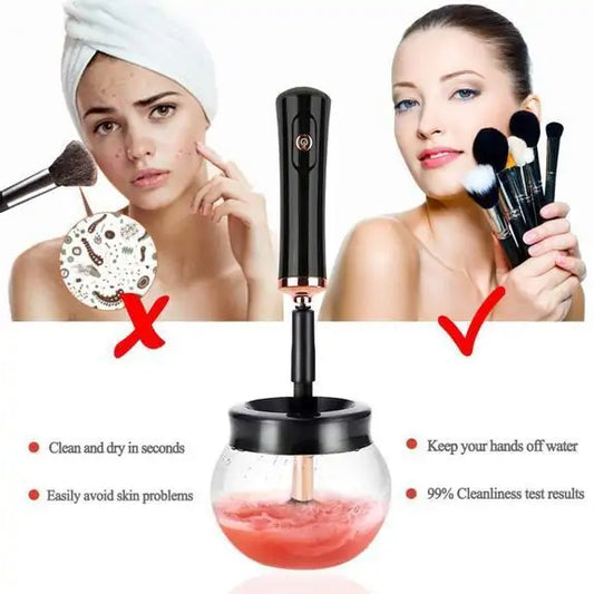 Product for cleaning makeup brushes with a before and after comparison of a woman's face.