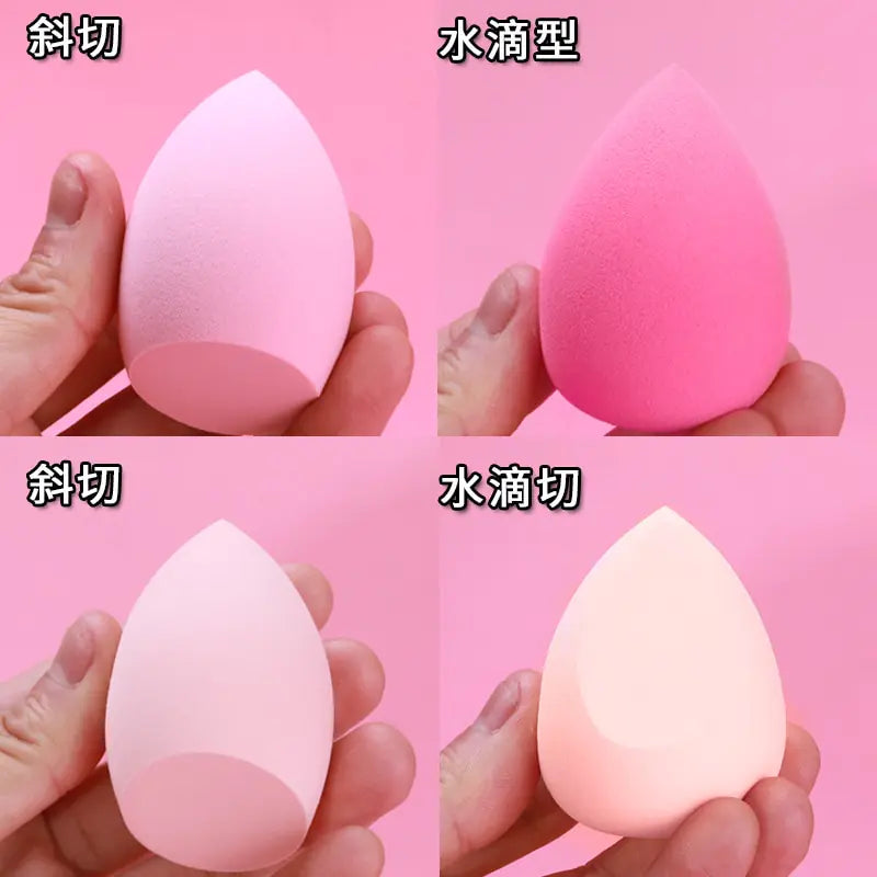 Four views of a pink makeup sponge held by a hand against a pink background.