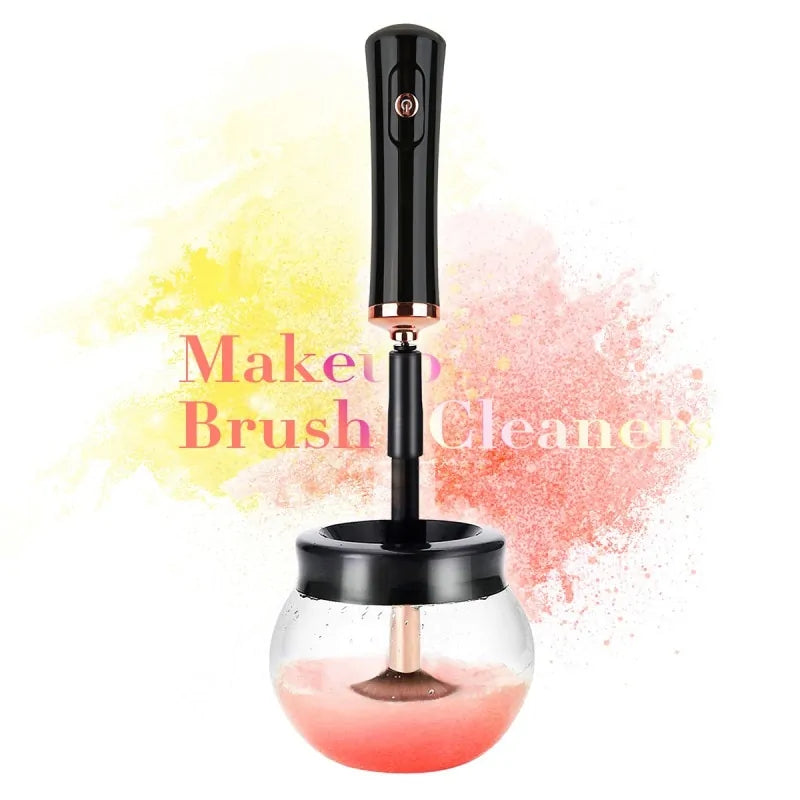 Makeup brush cleaner with black handle and clear base on a white background