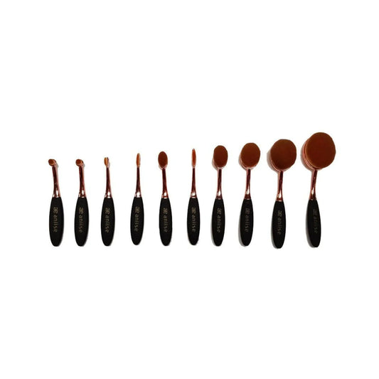 Set of 10 makeup brushes with black handles and brown bristles on a white background