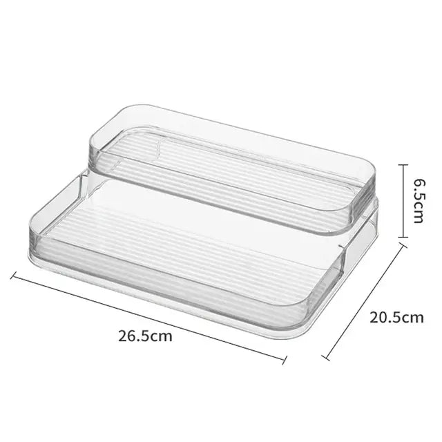 Clear plastic soap dish with dimensions on a white background