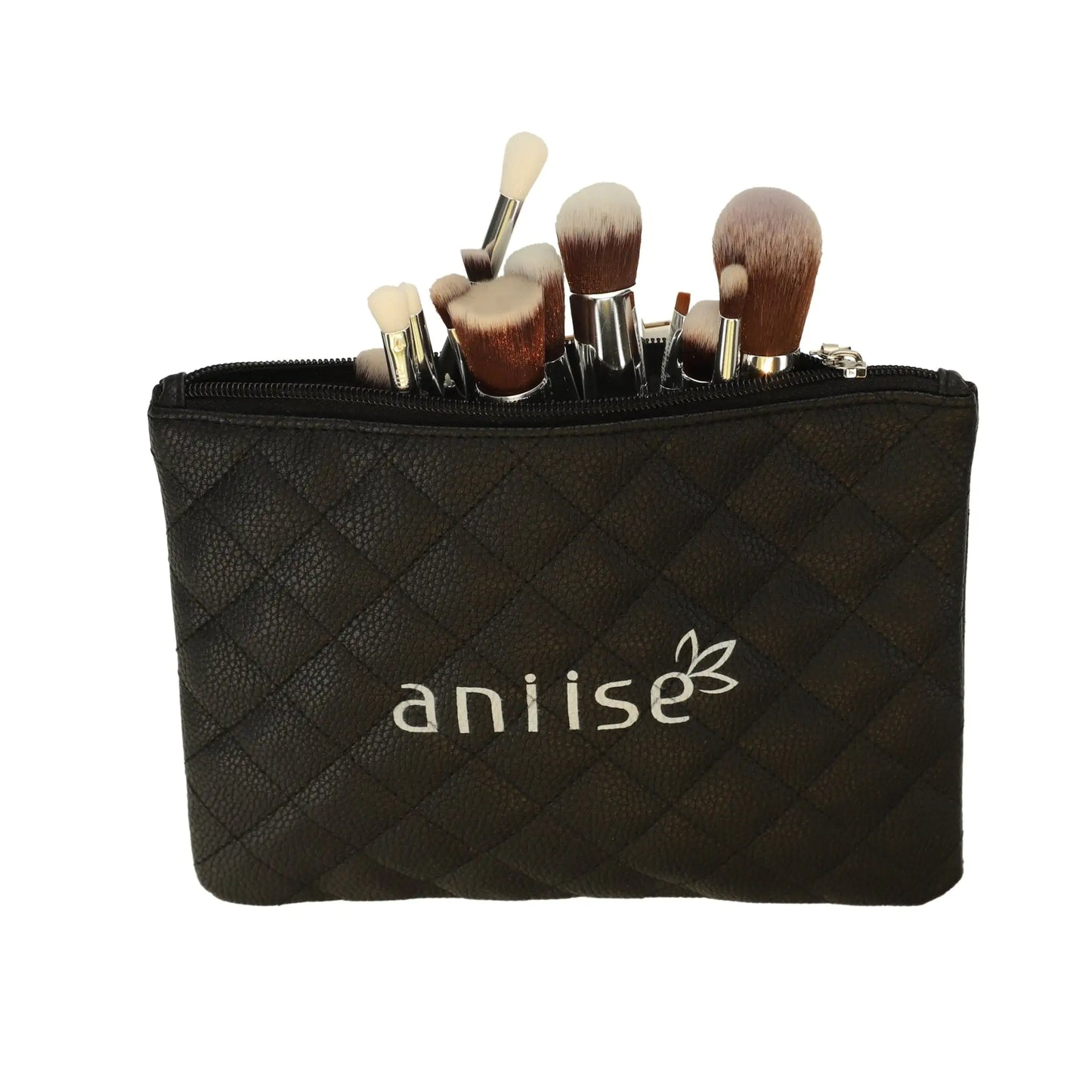 Black makeup brush set in a quilted pouch with 'aniise' branding on a white background