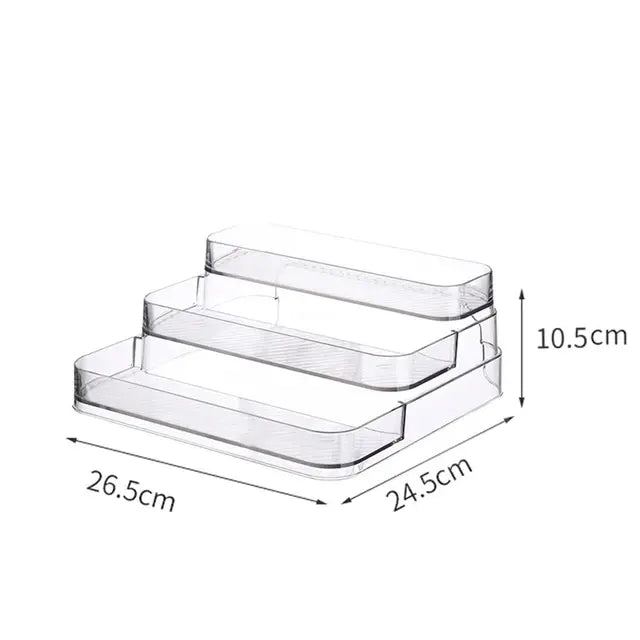 Clear plastic organizer with dimensions on a white background