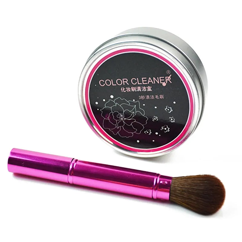 Makeup brush and 'Color Cleaner' container on a white background