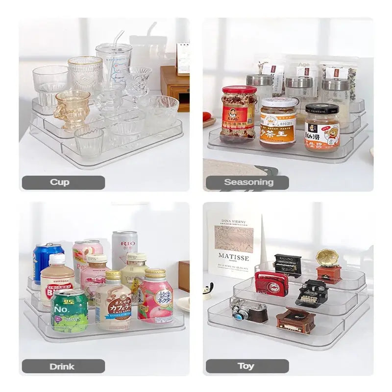 Clear acrylic organizer with compartments for cups, seasonings, drinks, and toys.