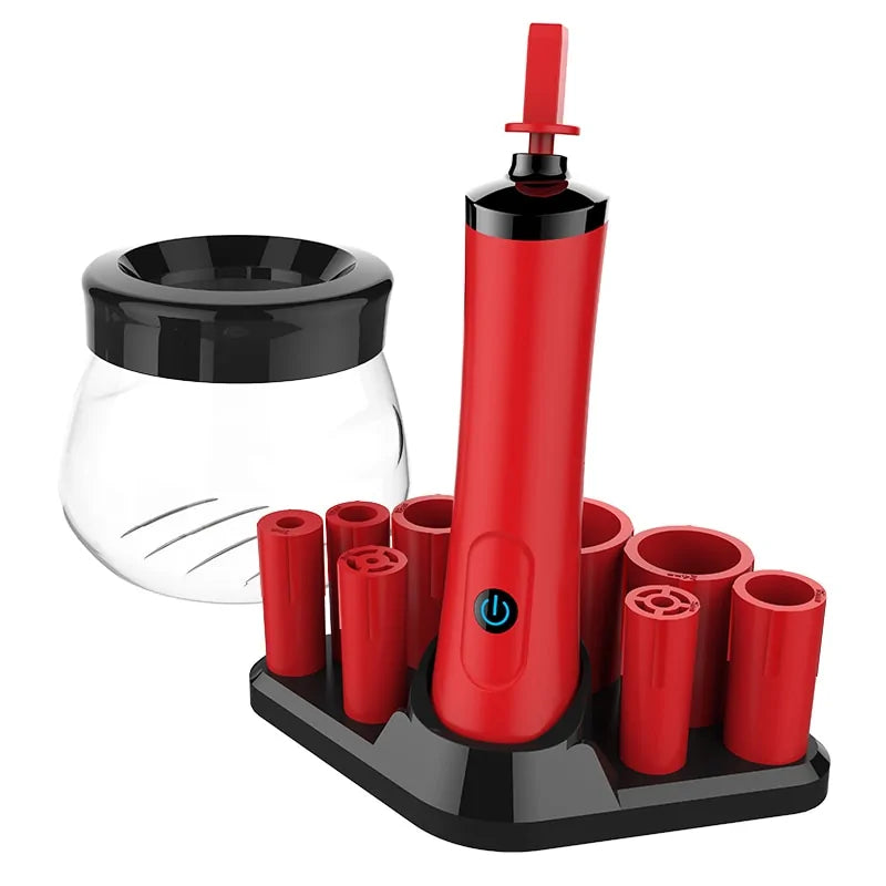 Red hair styling tool with multiple attachments on a white background
