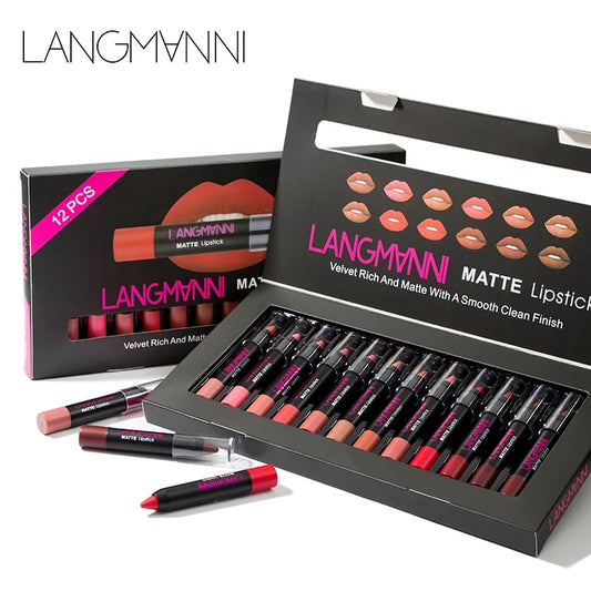 LANGMANNI matte lipsticks set with packaging on a white background