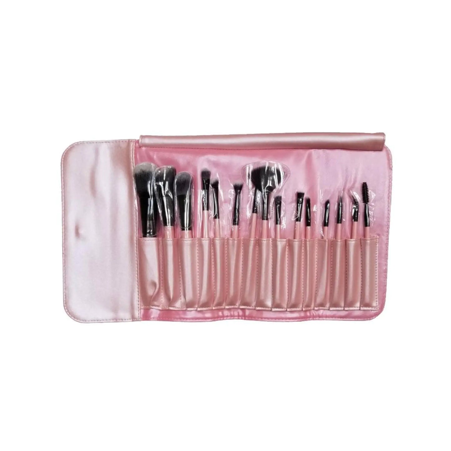 Set of makeup brushes in a pink case on a white background