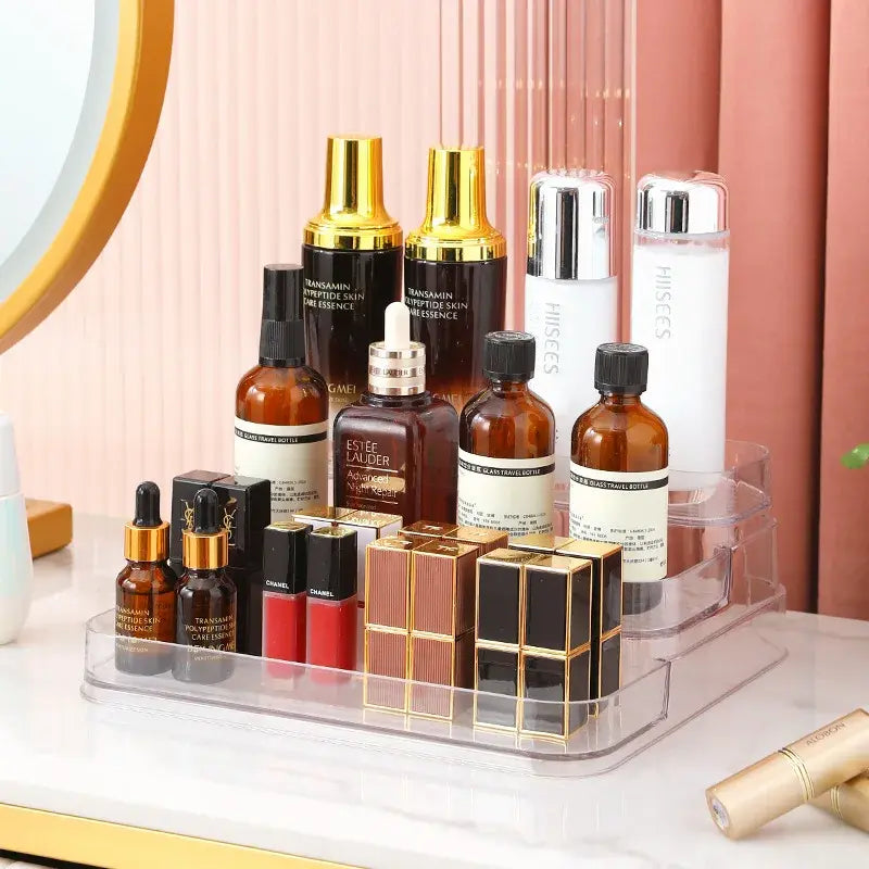 Collection of skincare and cosmetic products on a stand with a pink curtain background