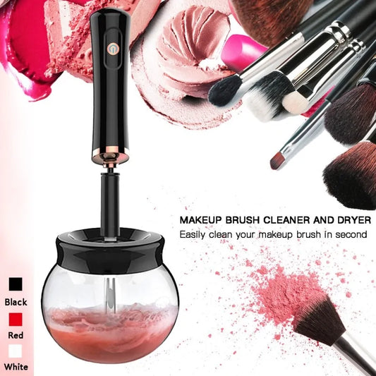 Makeup brush cleaner and dryer with pink makeup and brushes in the background