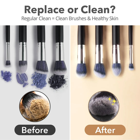 Makeup brushes before and after cleaning with text 'Replace or Clean?' and 'Regular Clean = Clean Brushes & Healthy Skin'.