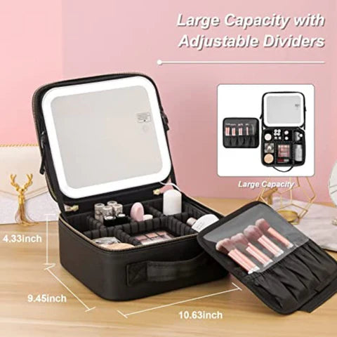 Black cosmetic case with mirror and adjustable dividers on a pink background