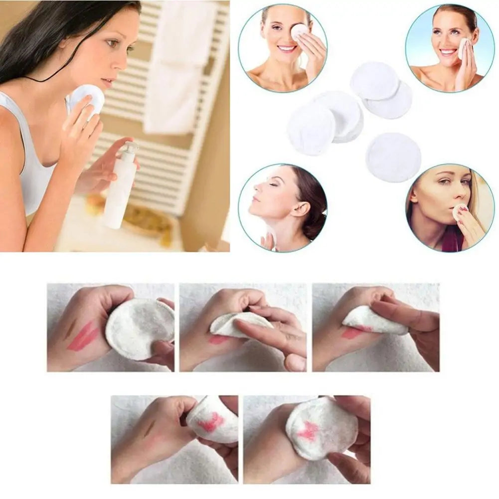 Woman using a facial cleansing pad with close-up shots of the product and her face.