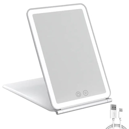 Lighted makeup mirror with charging cable on a white background