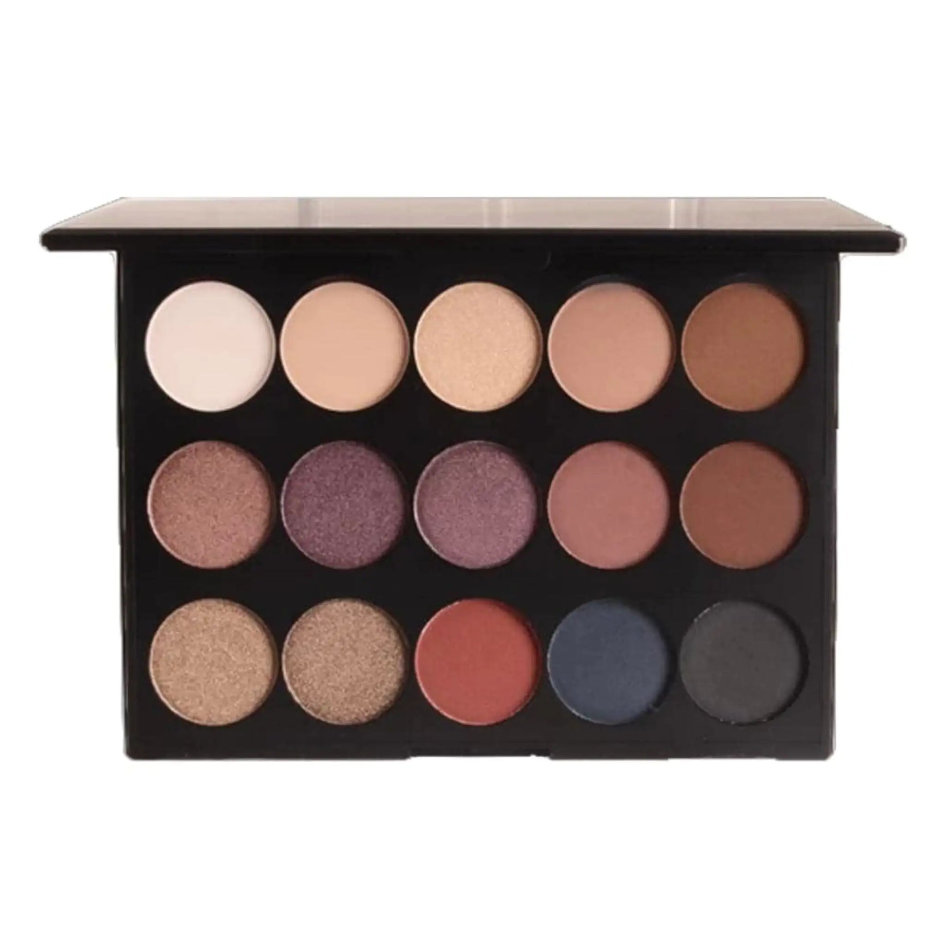 Makeup palette with various shades of eyeshadows on a white background