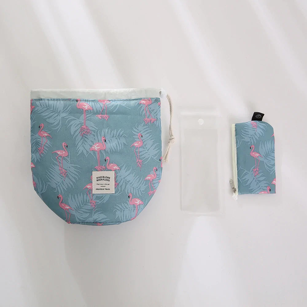 Flamingo-patterned pouches on a white background