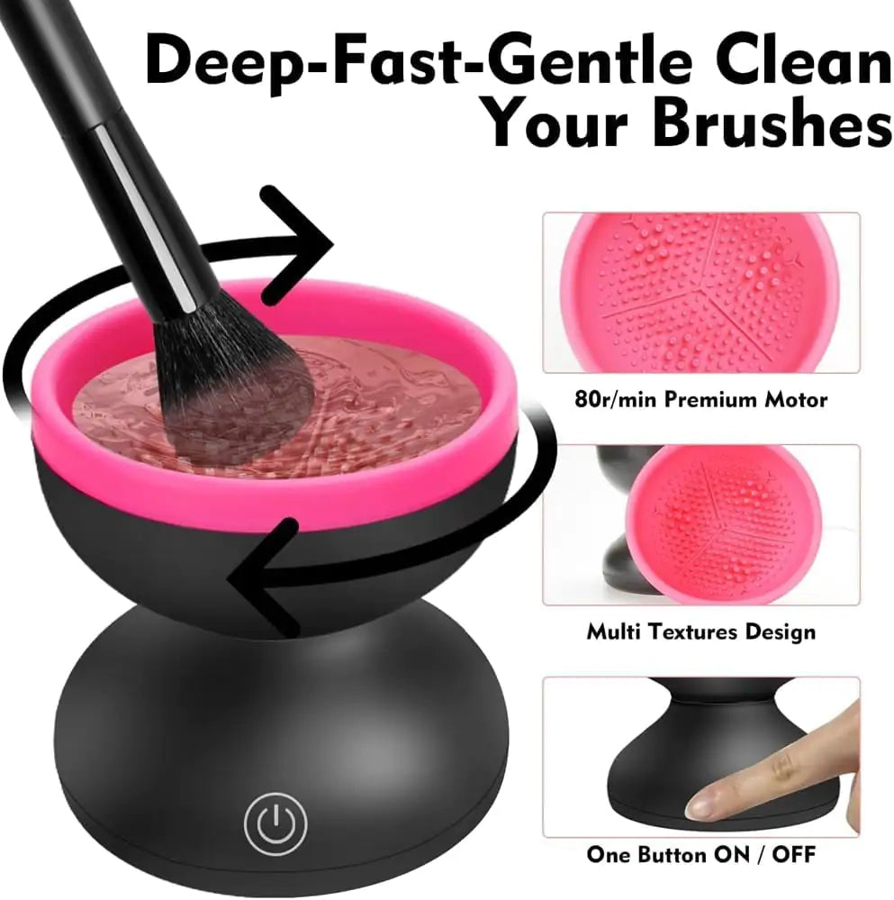 Brush cleaning device with pink basin and black brush, featuring text about cleaning brushes.