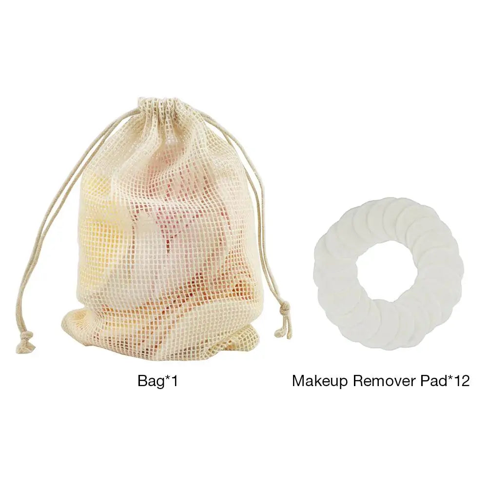 Mesh bag with drawstring and makeup remover pads on a white background