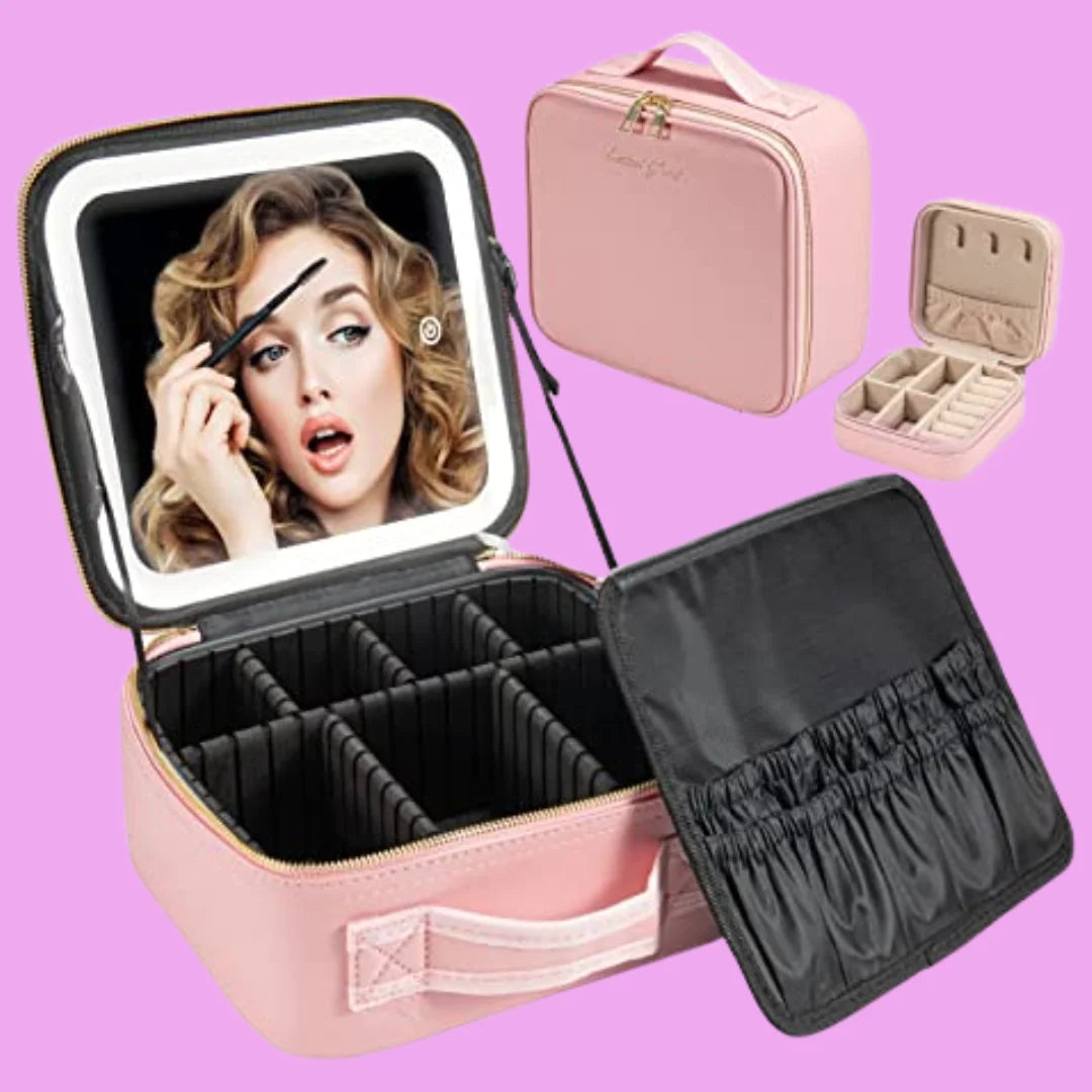 Pink makeup organizer with mirror, pink travel case, and jewelry box on a pink background