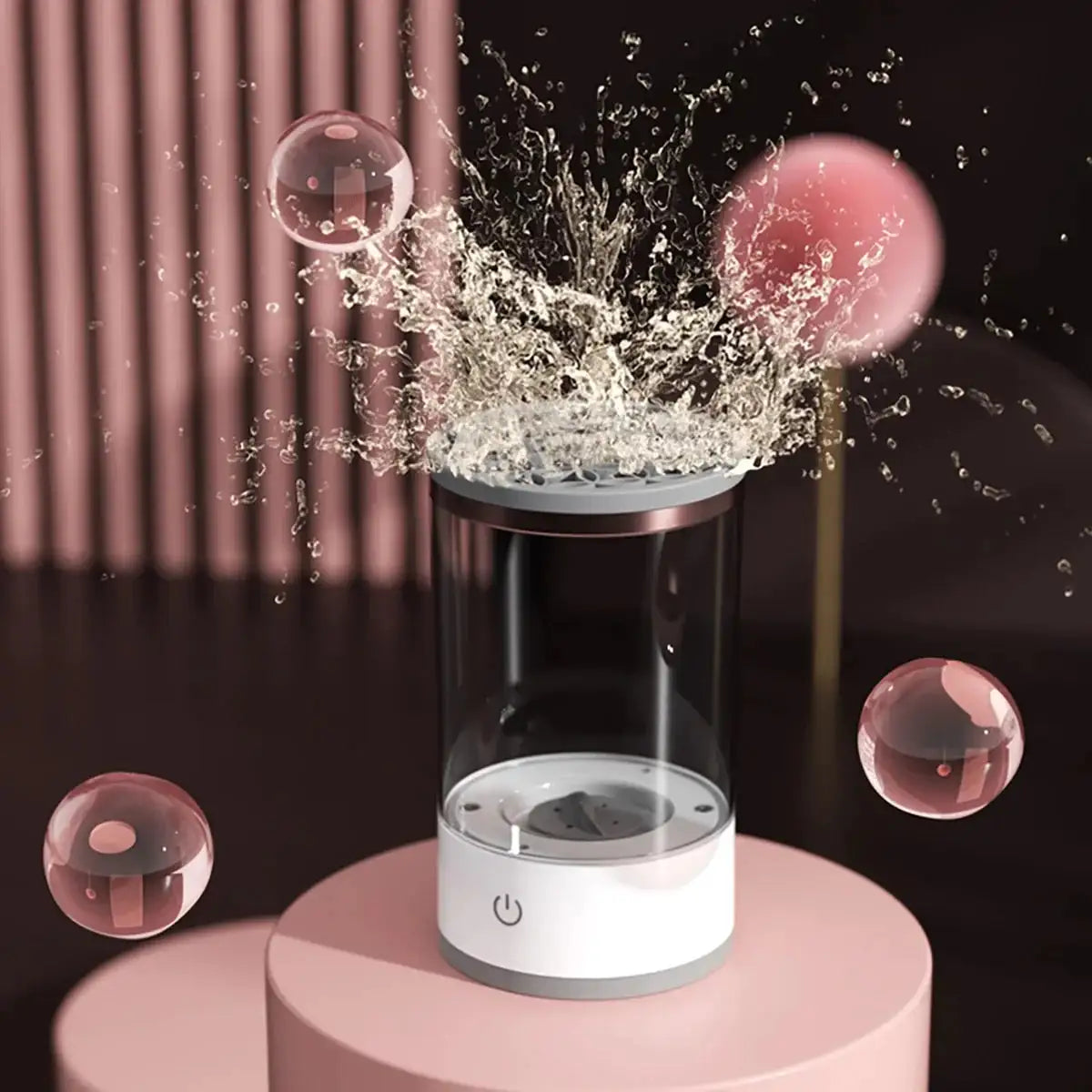Transparent container with water splashes and bubbles on a pink platform against a dark background