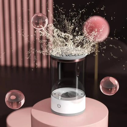 Transparent container with water splashes and bubbles on a pink platform against a dark background