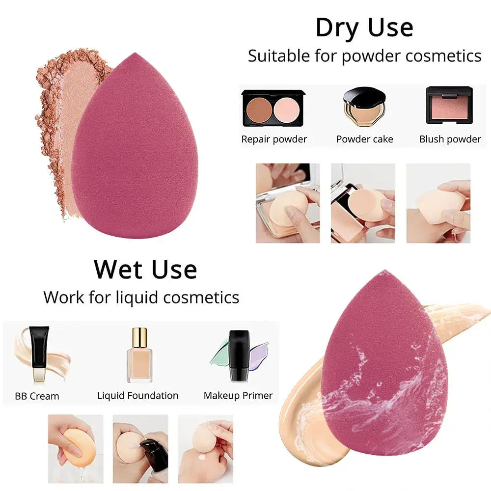 Cosmetic sponge with dry and wet use instructions and examples.