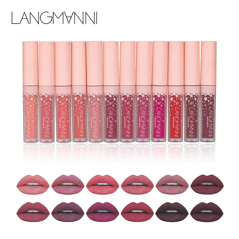 Set of LANGMANNI lip glosses with color swatches on a white background