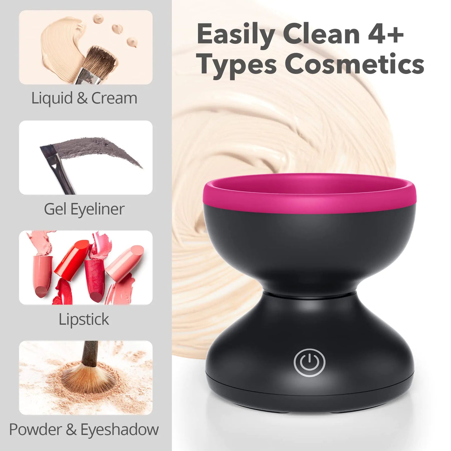 Cosmetic cleaning device with pink top and black base, shown with images of different types of makeup.