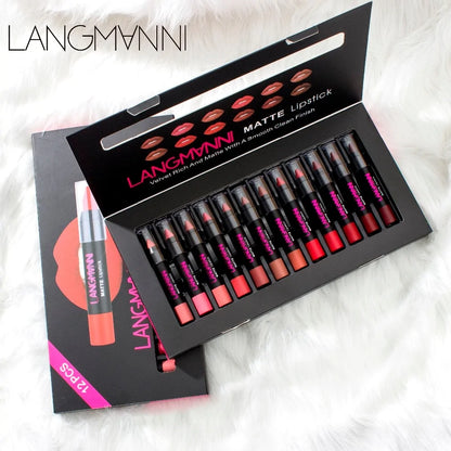 LANGMANNI lipstick set with 12 lipsticks in a black box on a white background
