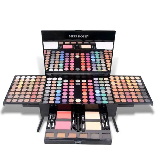 Makeup palette set with various colors and tools on a white background, featuring the brand 'Miss Rose'.