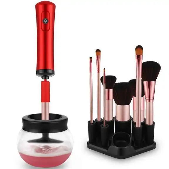 Makeup brush set with a red and black brush holder on a white background