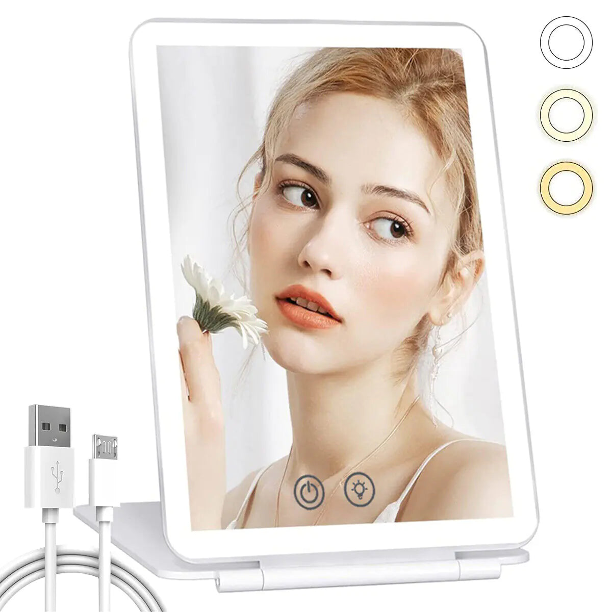 Lighted makeup mirror with USB cable on a white background