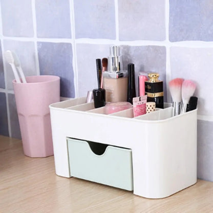 White cosmetic organizer with makeup items on a tiled wall background