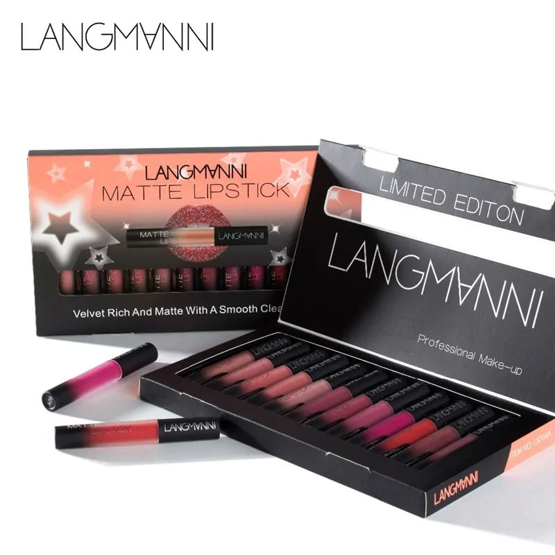 LANGMANNI matte lipstick set with open case displaying multiple lipsticks on a white background.