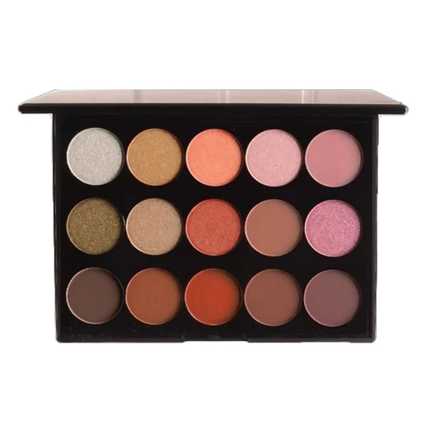 Makeup palette with various colors on a white background