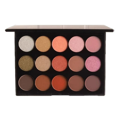 Makeup palette with various colors on a white background