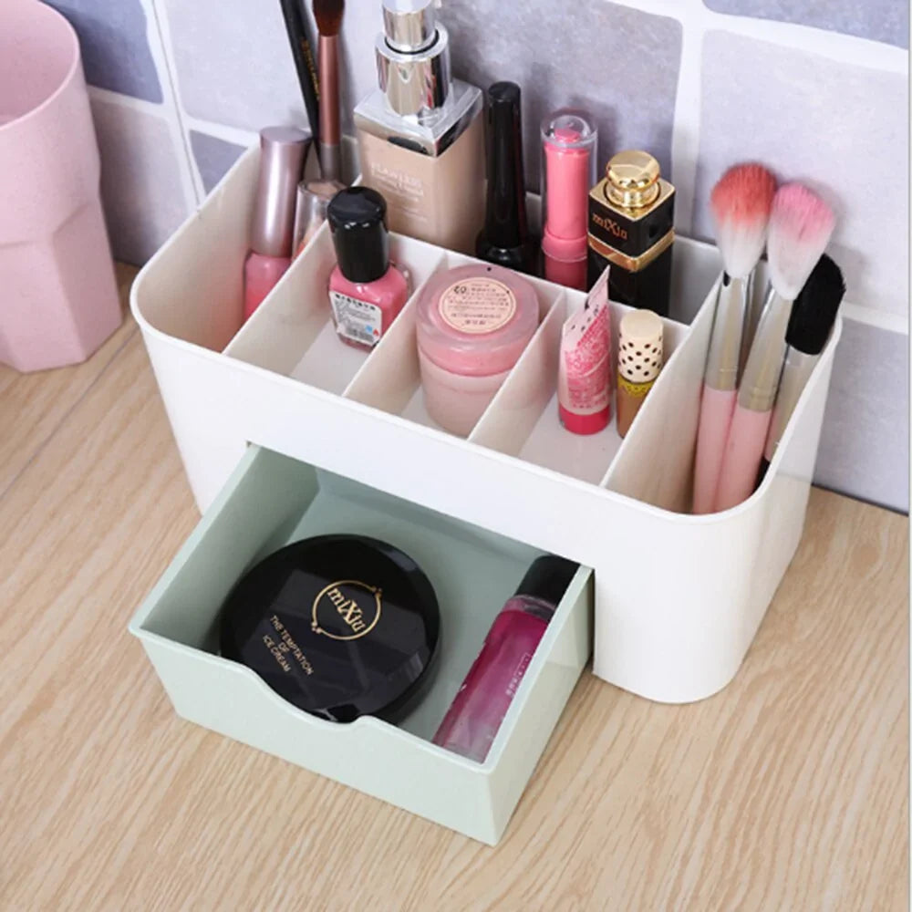 Makeup organizer with various cosmetic items on a wooden surface