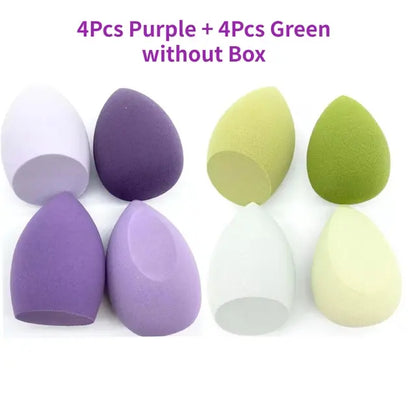 Set of purple and green makeup sponges on a white background with text indicating quantity and absence of packaging.