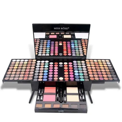 Makeup palette set with various colors and tools on a white background, featuring the brand 'Miss Rose'.