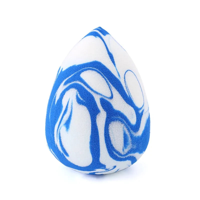 Blue and white marbled egg-shaped object on a white background