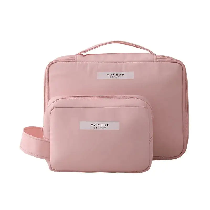 Pink makeup bag with 'MAKEUP' label on a white background