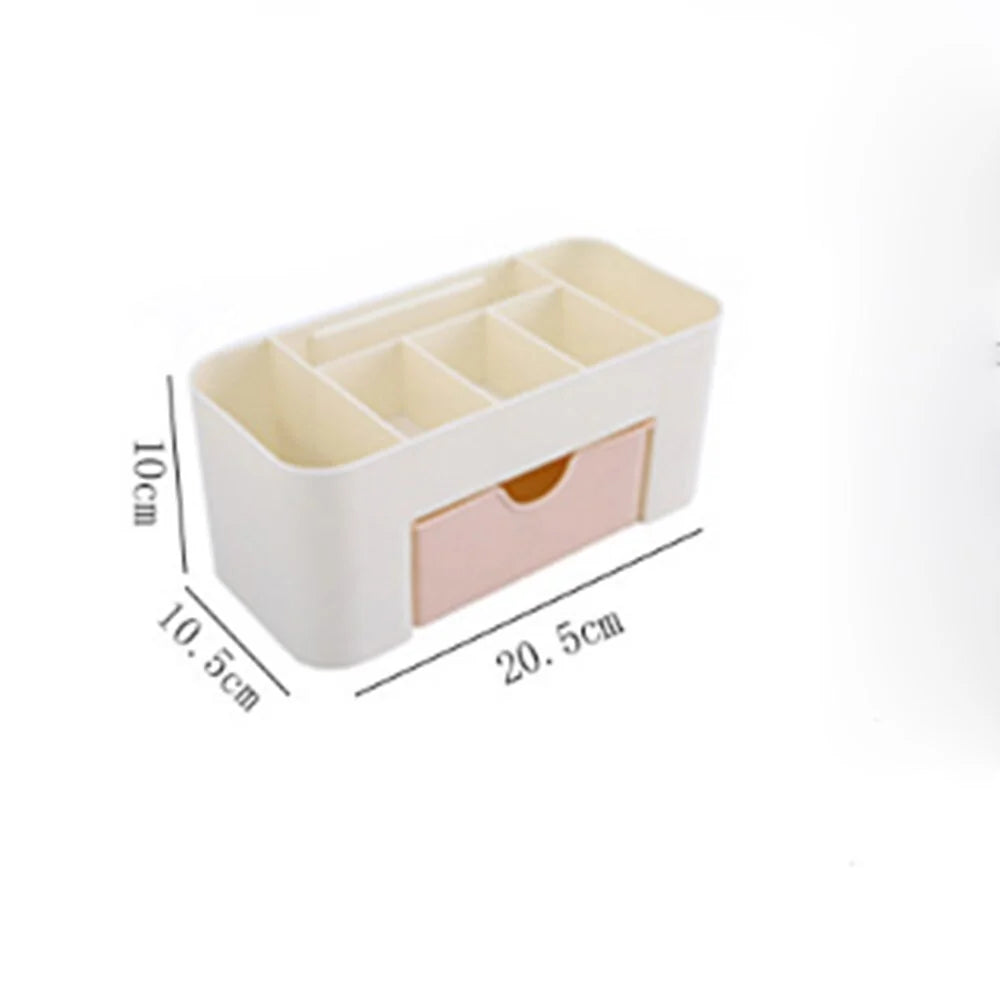 Rectangular white organizer with compartments and dimensions on a white background
