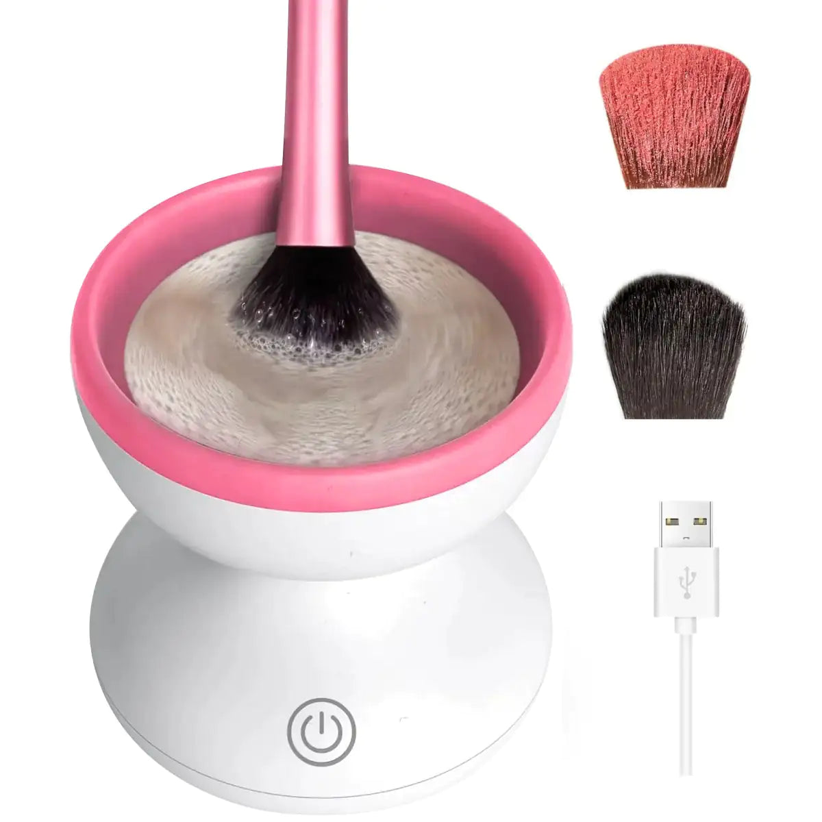Makeup brush cleaning device with brushes and USB cable on a white background