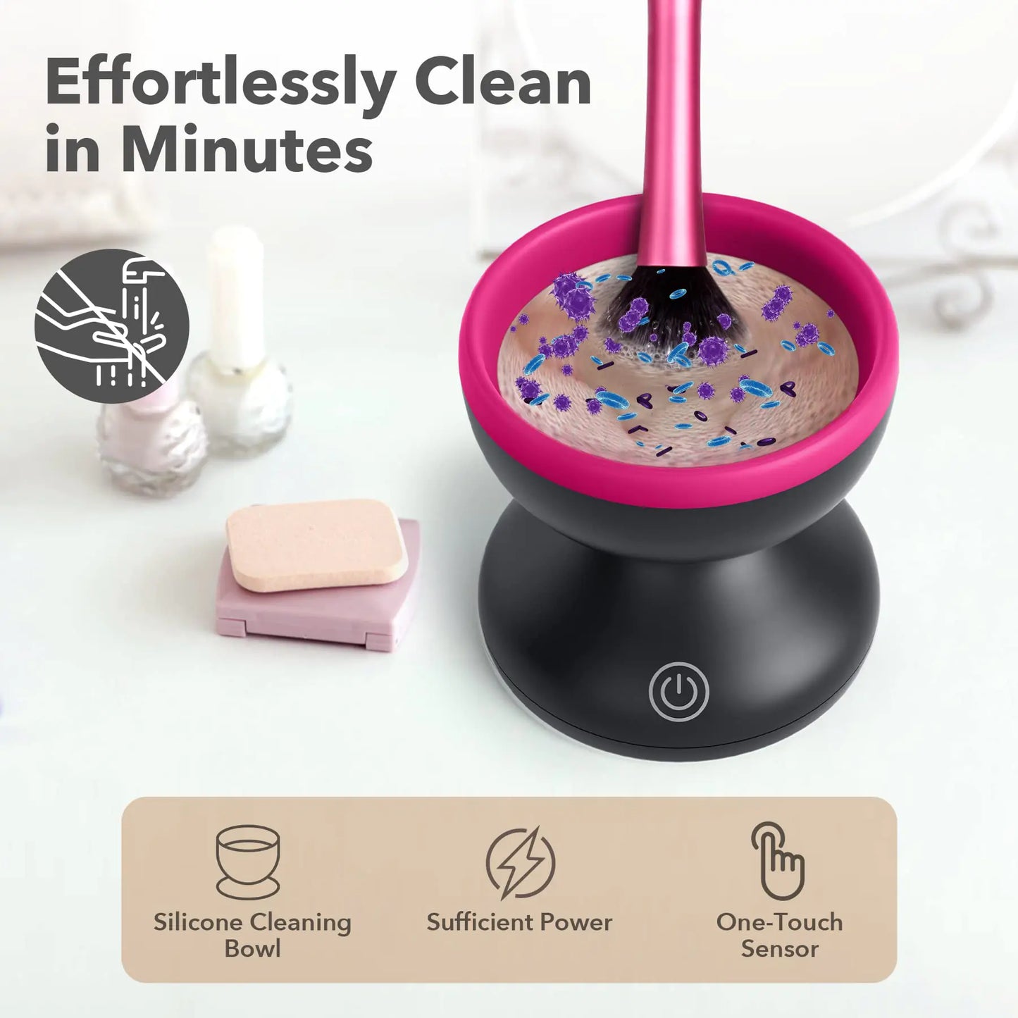 Silicone cleaning bowl with cleaning solution and scrubber, featuring text 'Effortlessly Clean in Minutes' on a white background.