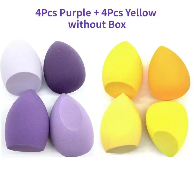 Four purple and four yellow makeup sponges on a white background with text indicating quantity and color.