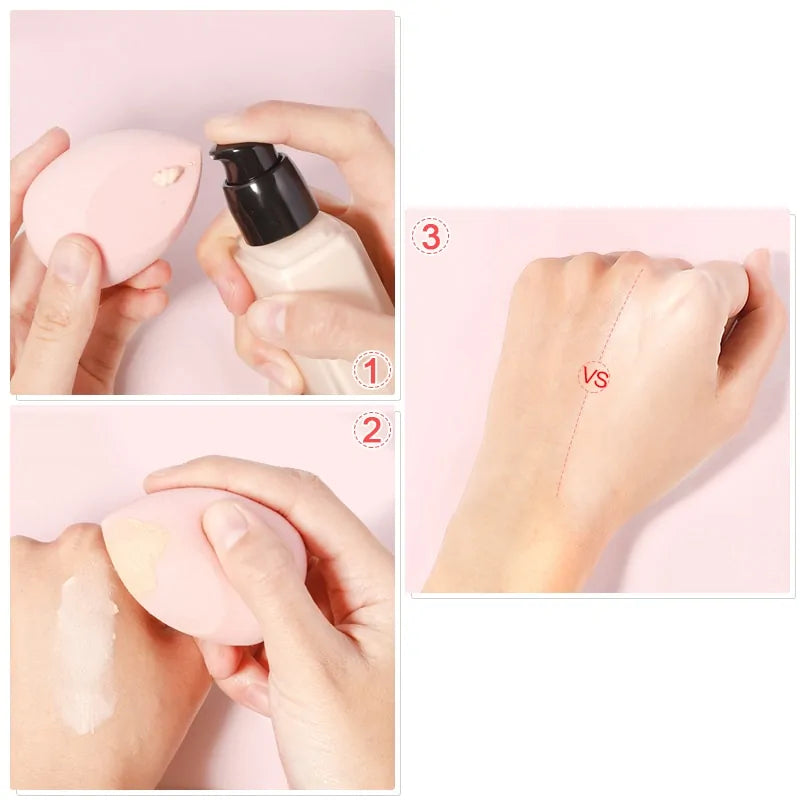 Step-by-step demonstration of using a cosmetic product on skin with a 'vs' comparison.