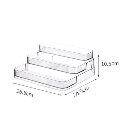 Clear plastic organizer with dimensions on a white background