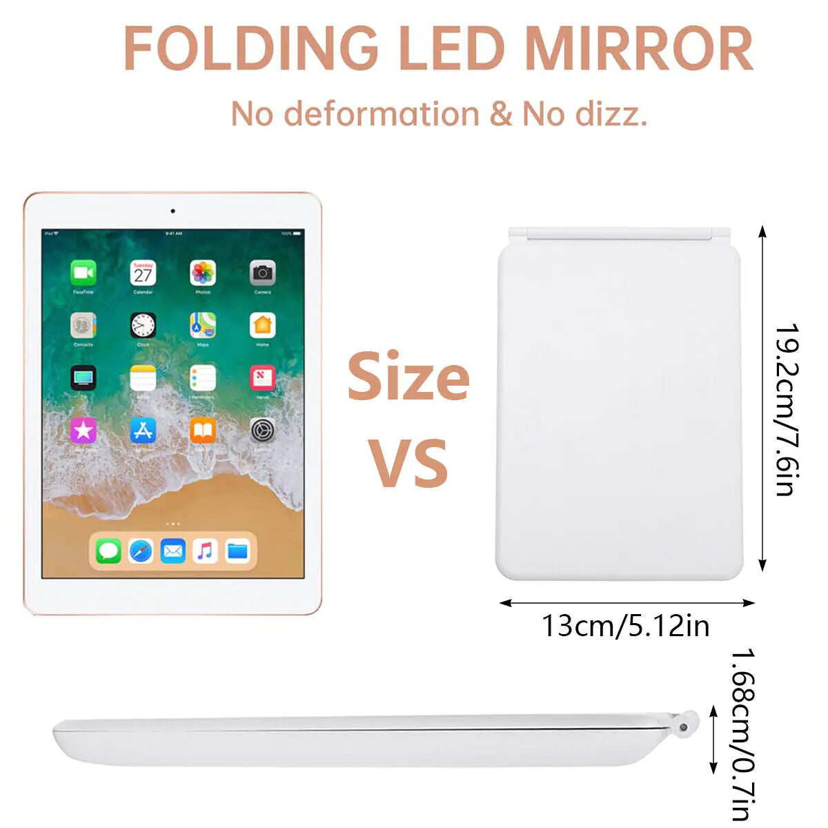Folding LED mirror with an iPad for size comparison, showing dimensions on a white background.