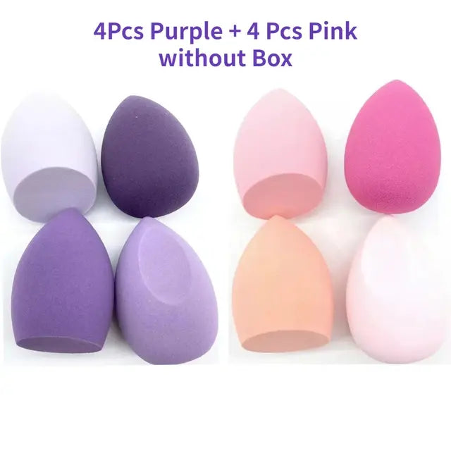 Set of purple and pink makeup sponges on a white background with text indicating quantity.